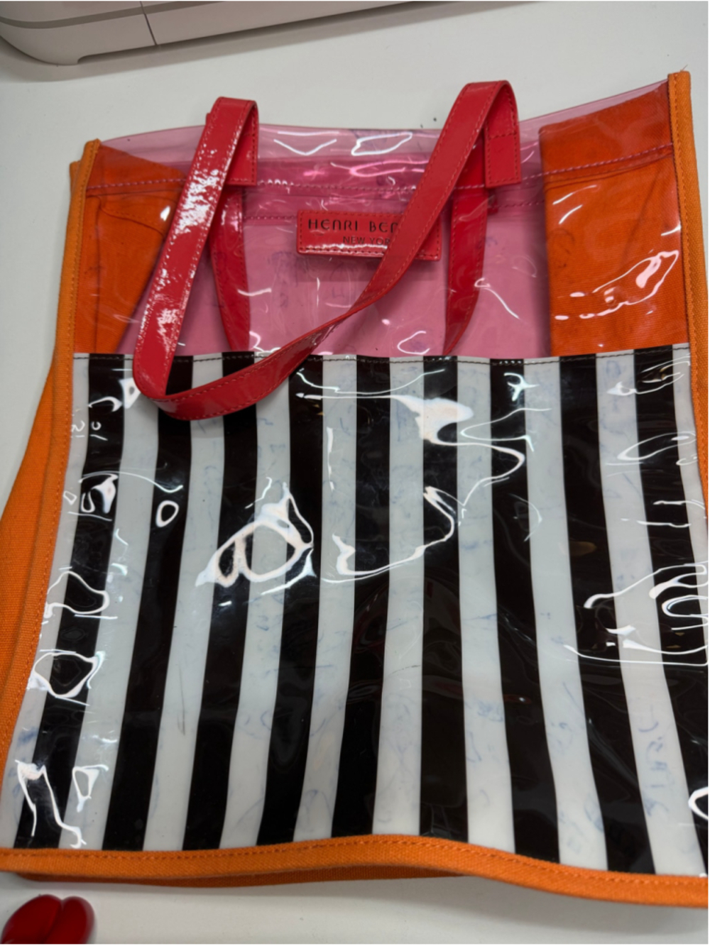 Women's Henri Bendel Tote Bag One Size Orange Black Striped Clear